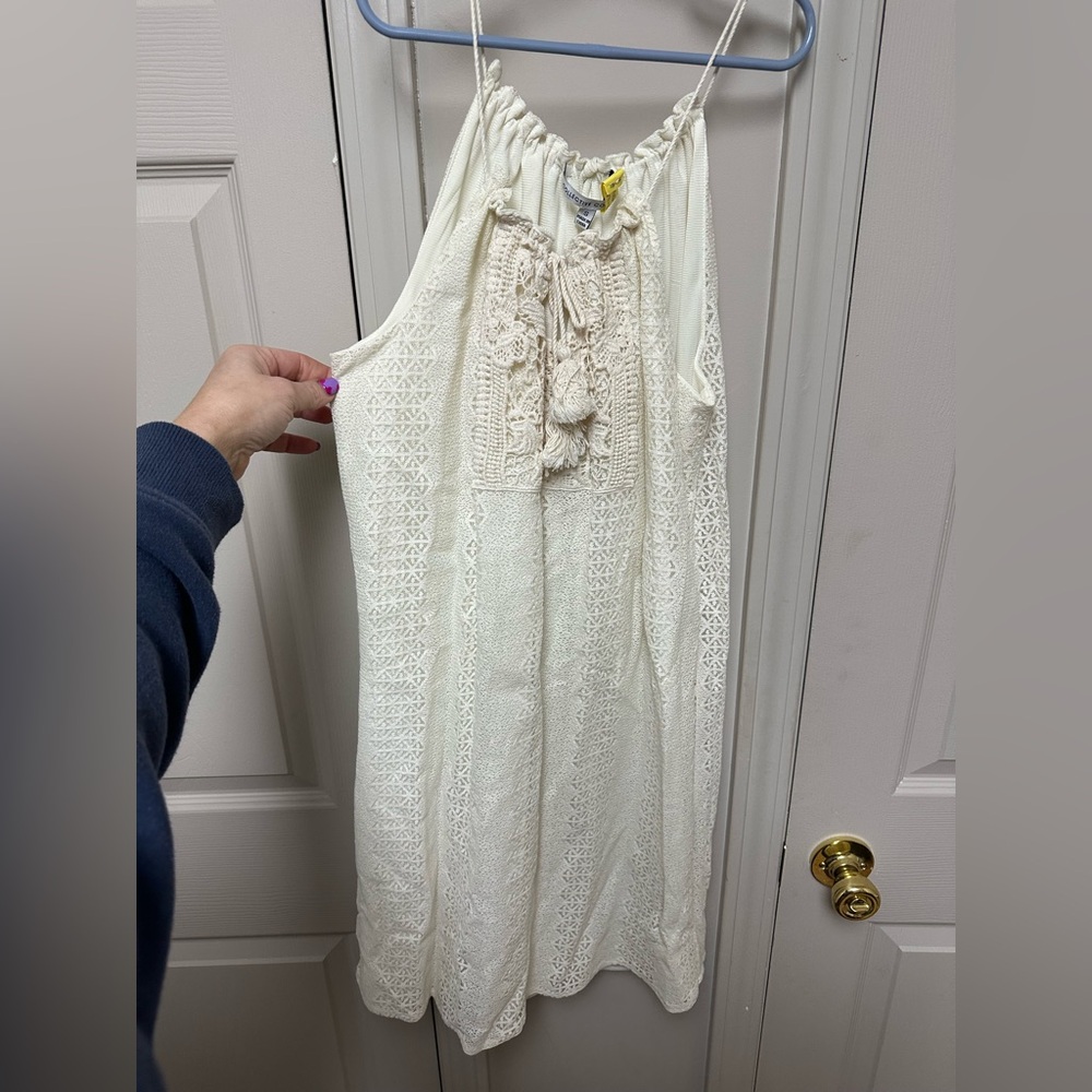 Crochet cream summer shift dress.
